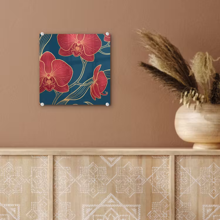Glas schilderij - Bloemen - Rood - Goud — 6