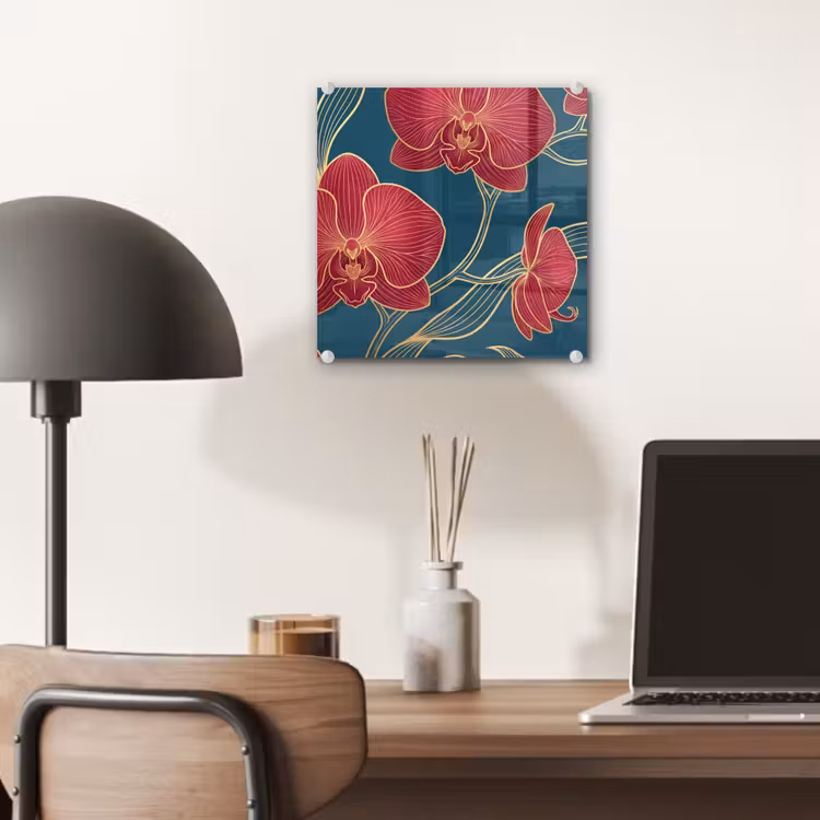 Glas schilderij - Bloemen - Rood - Goud — 7