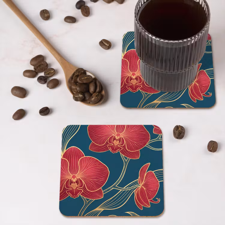 Onderzetter - Bloemen - Rood - Goud — 4