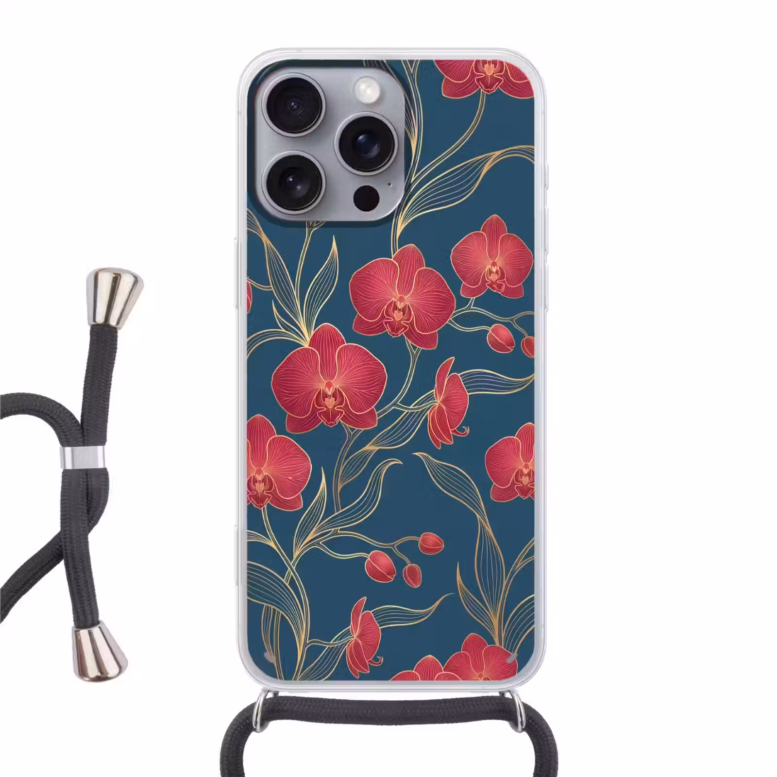 Telefoonhoesje met koord - Bloemen - Rood - Goud — 1