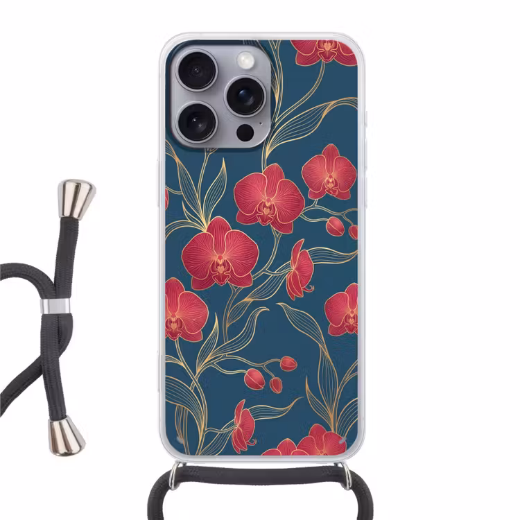Telefoonhoesje met koord - Bloemen - Rood - Goud — 1