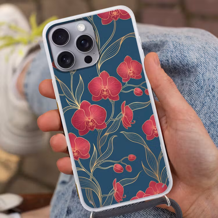 Telefoonhoesje met koord - Bloemen - Rood - Goud — 2