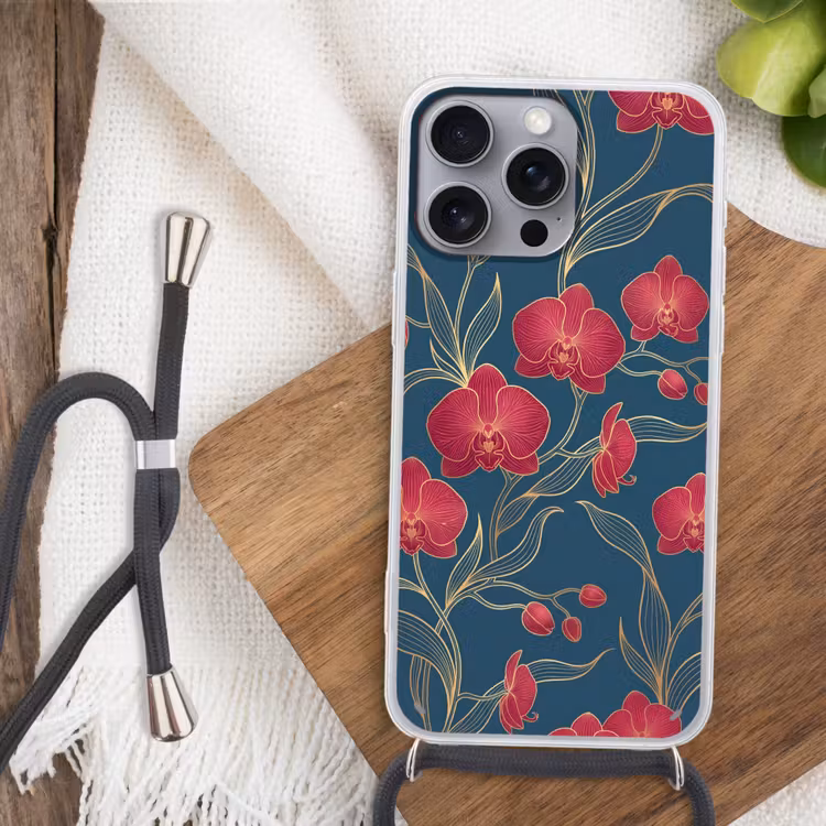 Telefoonhoesje met koord - Bloemen - Rood - Goud — 3