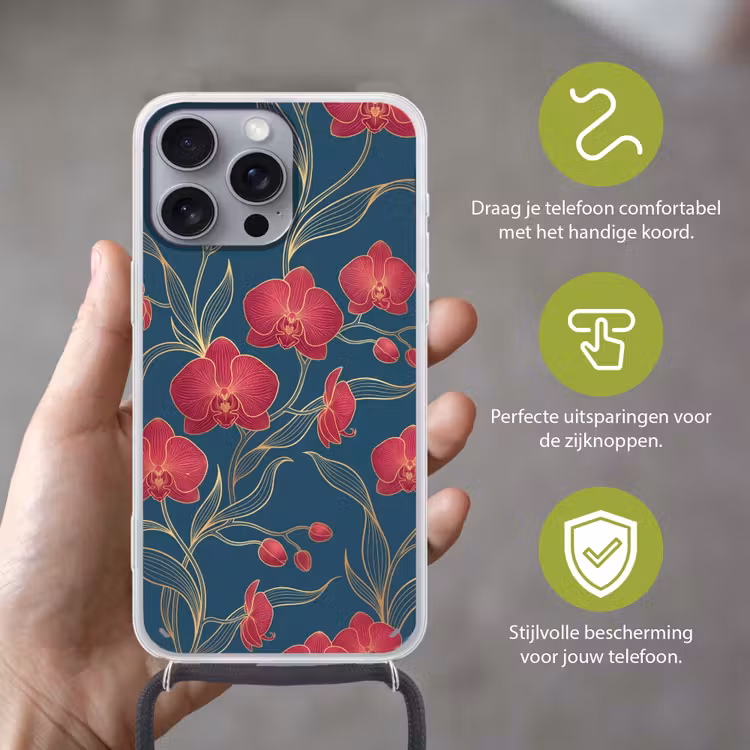 Telefoonhoesje met koord - Bloemen - Rood - Goud — 4