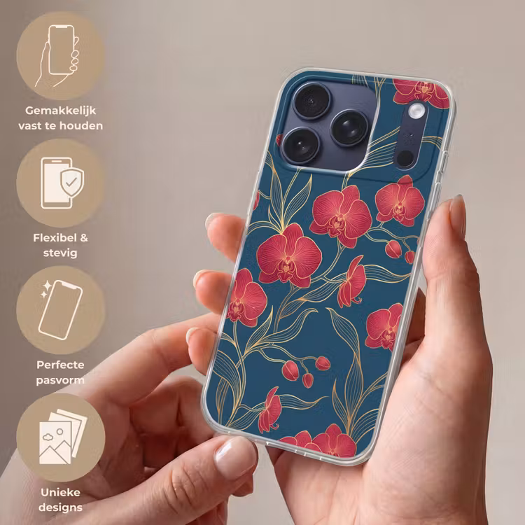 Telefoonhoesje Softcase - Bloemen - Rood - Goud — 4