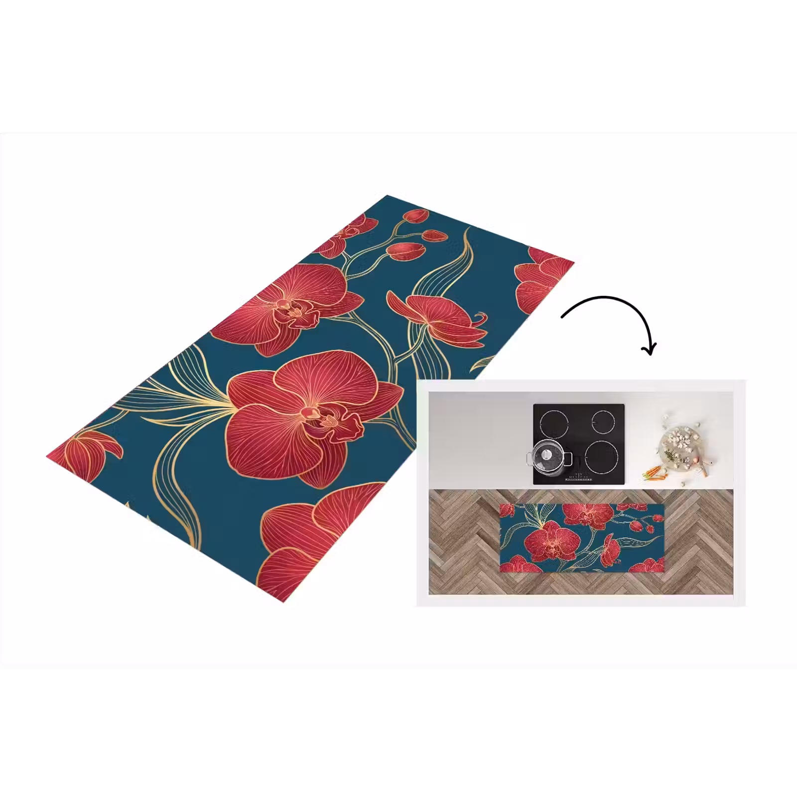 Keukenloper - Bloemen - Rood - Goud — 1