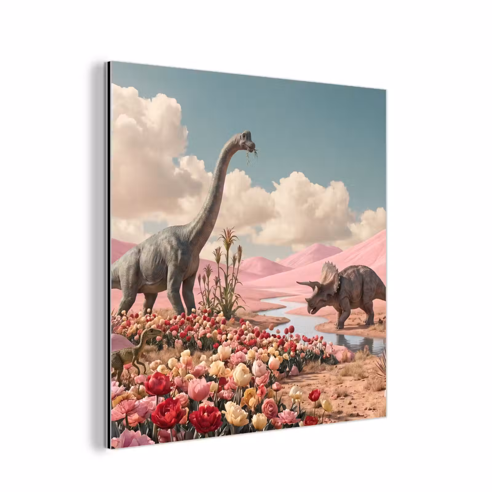 Aluminium schilderij - Dinosaurus - Roze - Landschap — 1
