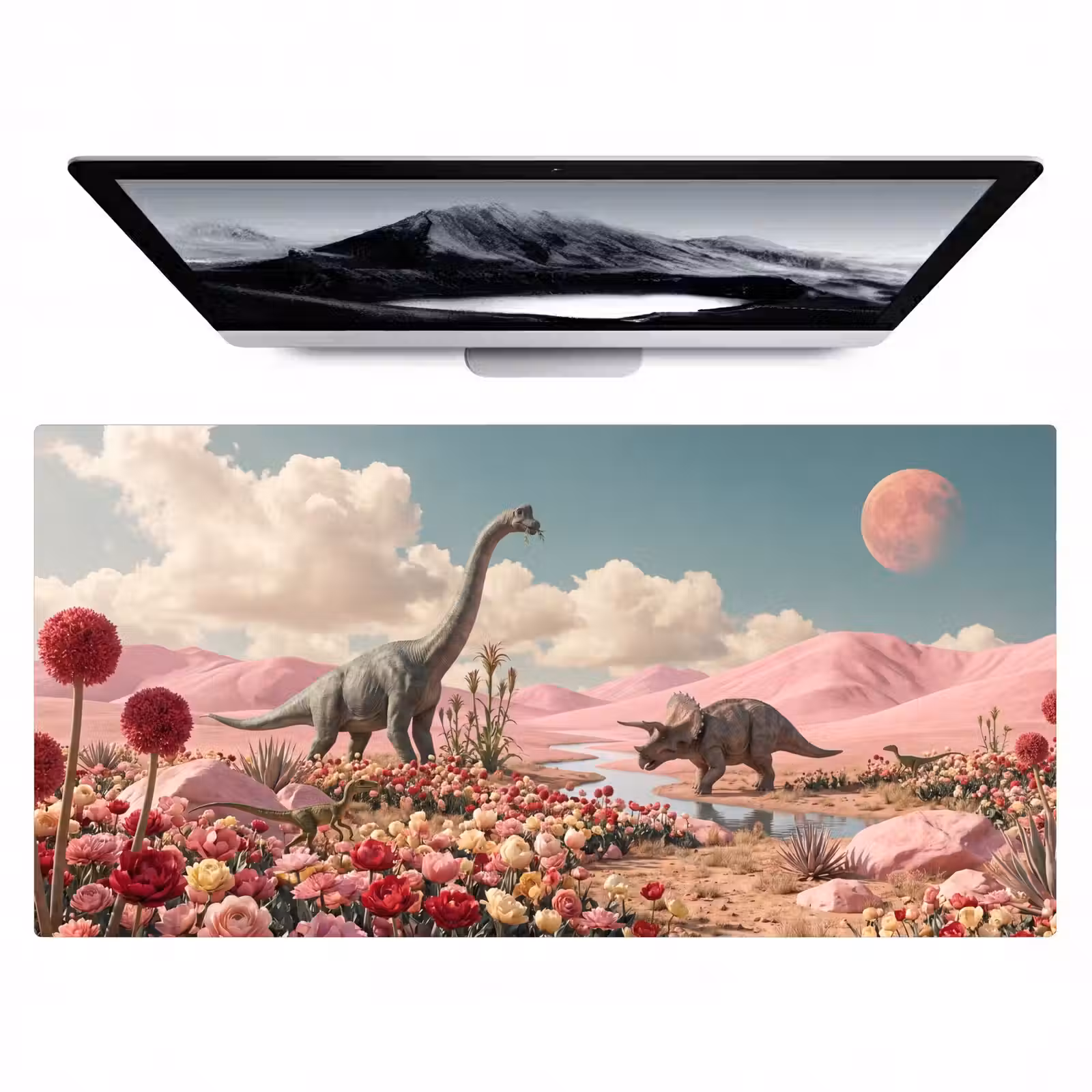 Bureau onderlegger - Dinosaurus - Roze - Landschap — 1