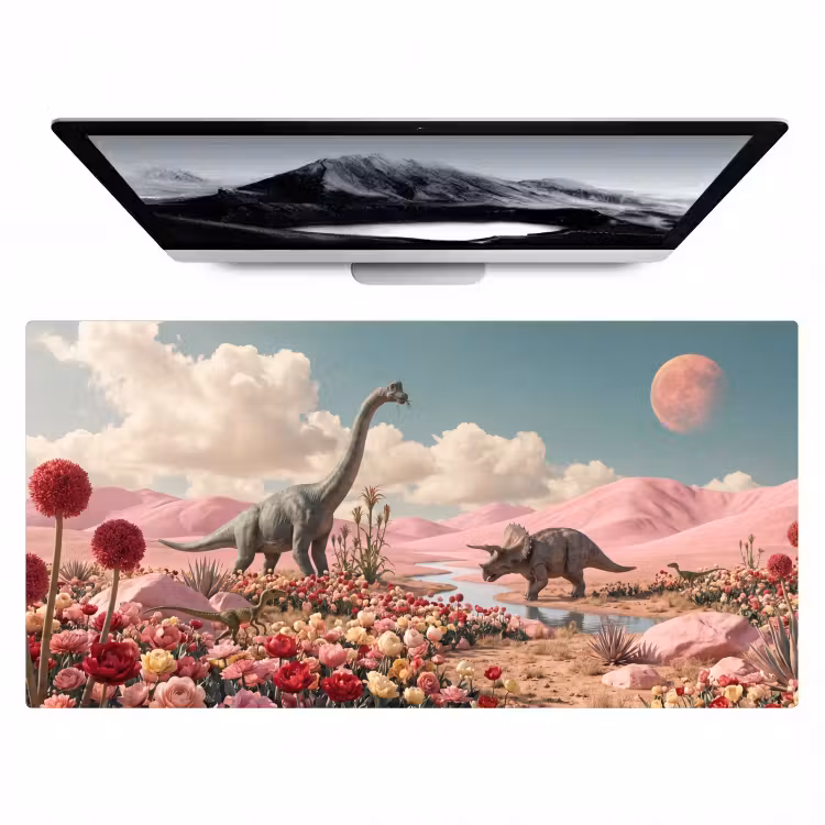 Bureau onderlegger - Dinosaurus - Roze - Landschap — 1