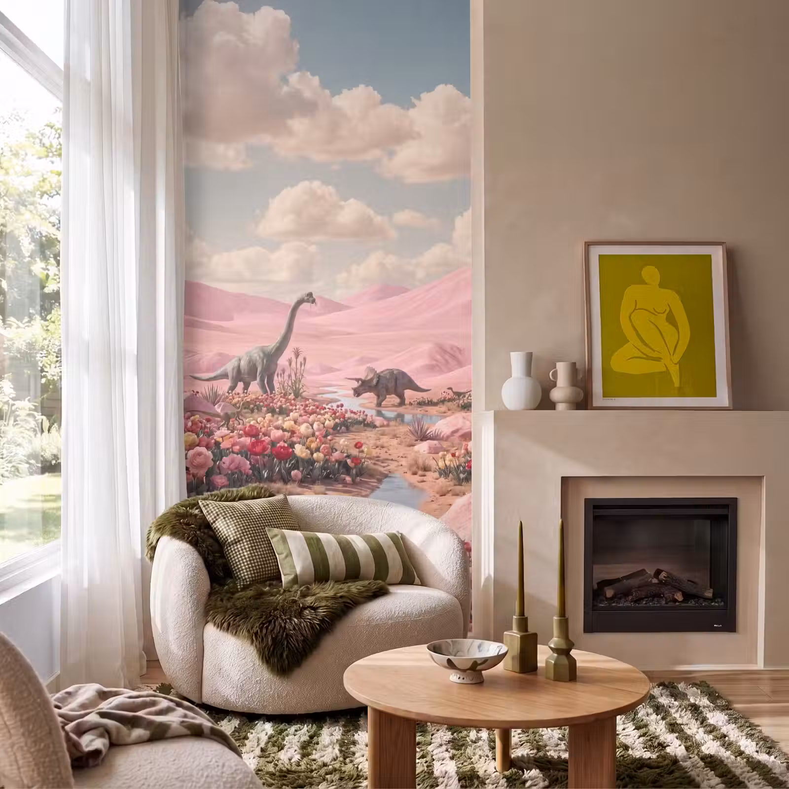 Behang - Dinosaurus - Roze - Landschap — 1