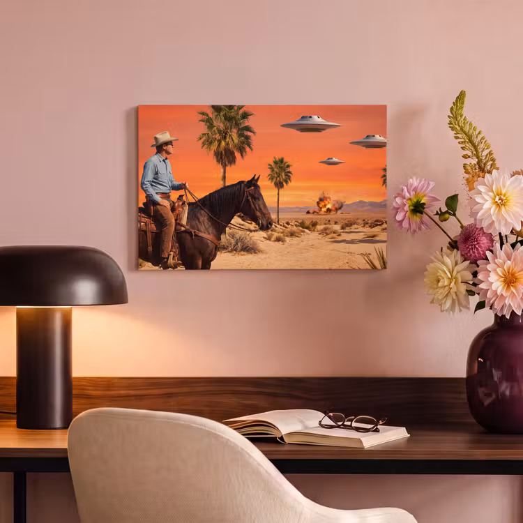 Canvas schilderij - Cowboy - Paard - Woestijn — 5