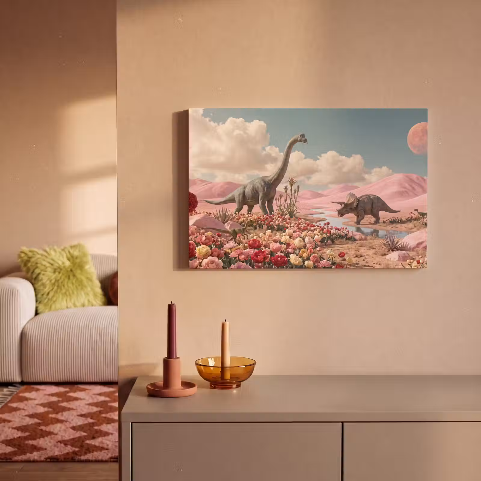 Canvas schilderij - Dinosaurus - Roze - Landschap — 1