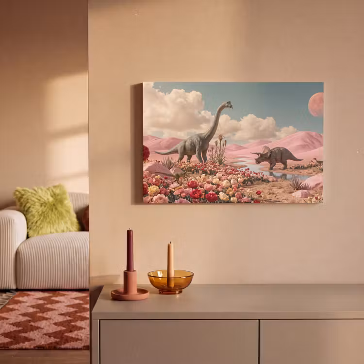 Canvas schilderij - Dinosaurus - Roze - Landschap — 1