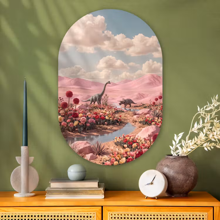 Muurovaal - Glas - Dinosaurus - Roze - Landschap — 2