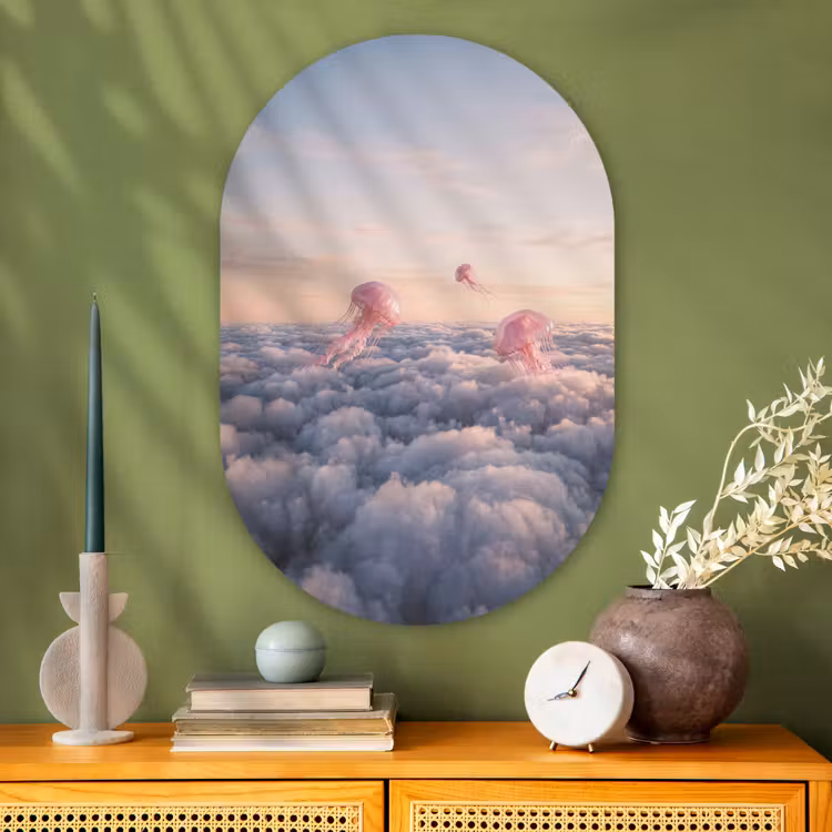 Muurovaal - Glas - Roze dier - Wolken — 2