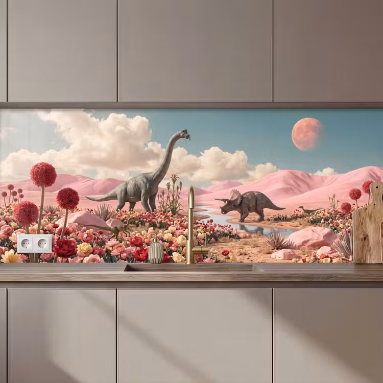 Keuken achterwand - Dinosaurus - Roze - Landschap — 1