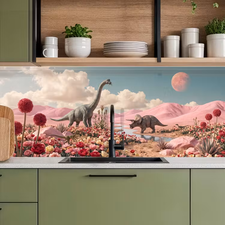 Keuken achterwand - Dinosaurus - Roze - Landschap — 5