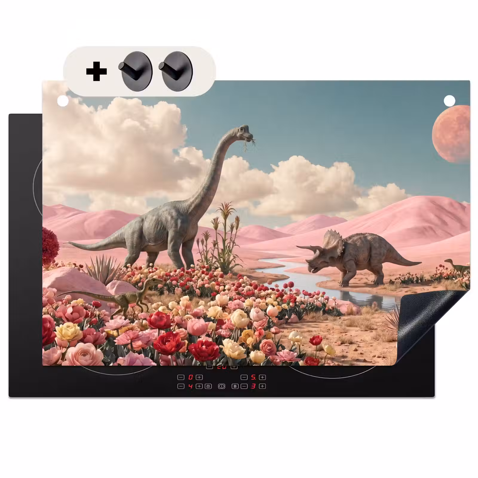 Inductie beschermer en spatscherm (2in1) - Dinosaurus - Roze - Landschap — 1