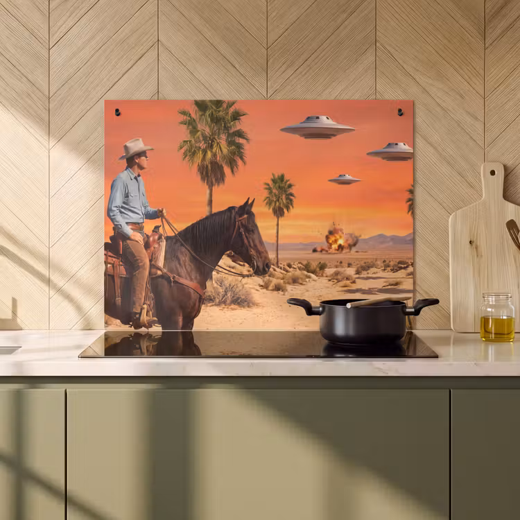 Inductie beschermer en spatscherm (2in1) - Cowboy - Paard - Woestijn — 2