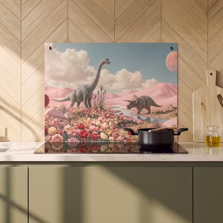 Inductie beschermer en spatscherm (2in1) - Dinosaurus - Roze - Landschap — 2
