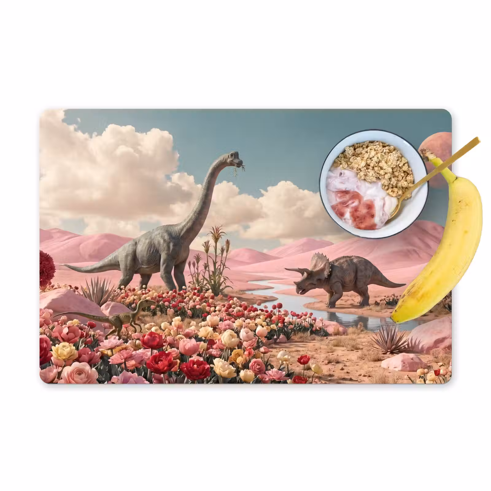 Placemat - 6 stuks - Dinosaurus - Roze - Landschap — 1