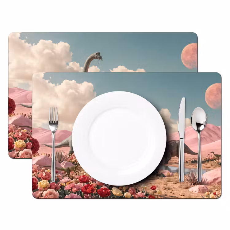 Placemat - 6 stuks - Dinosaurus - Roze - Landschap — 2