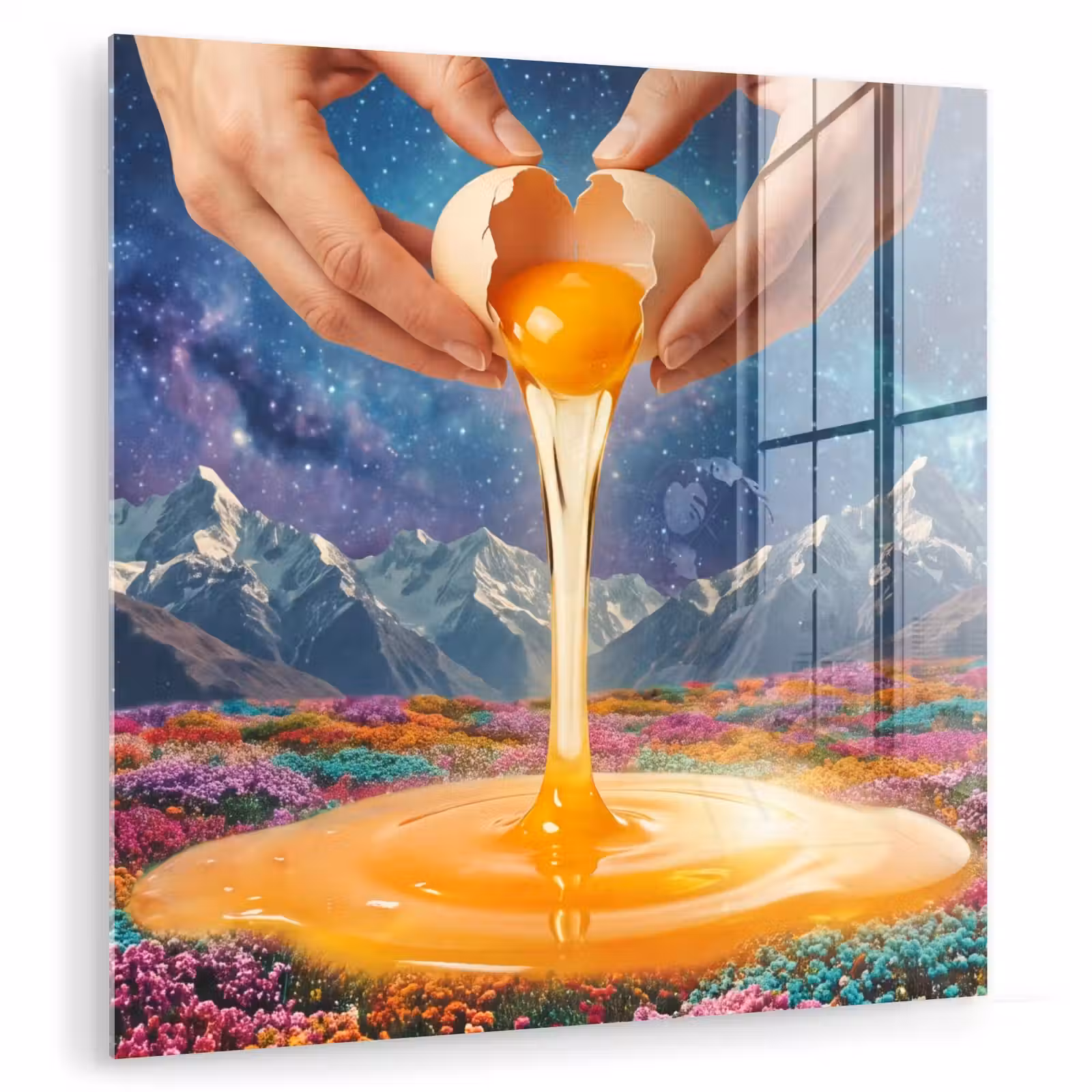 Glas schilderij - Handen - Ei - Surrealisme — 1