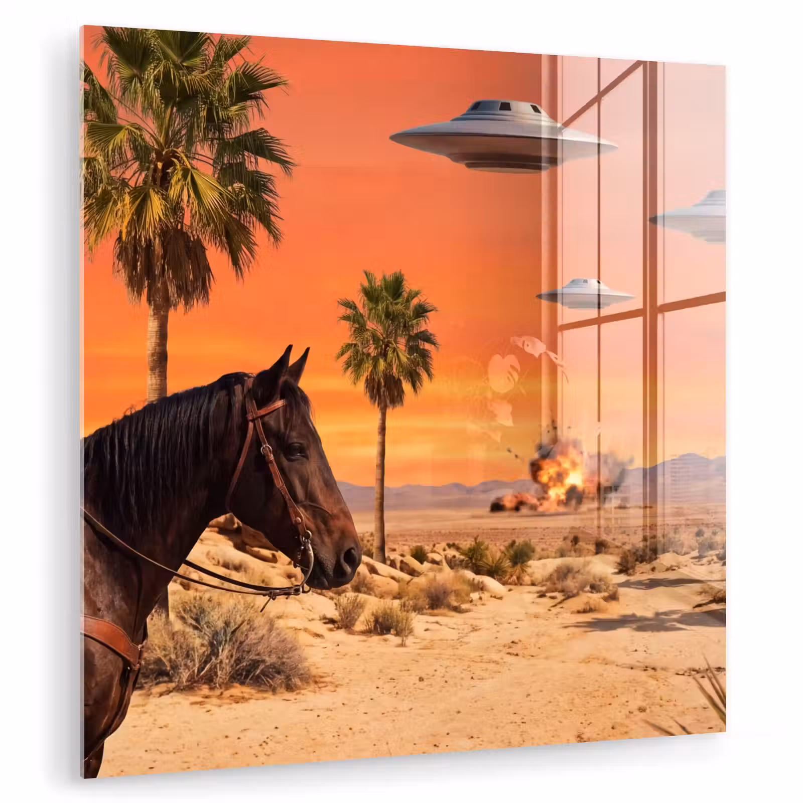 Glas schilderij - Cowboy - Paard - Woestijn — 1