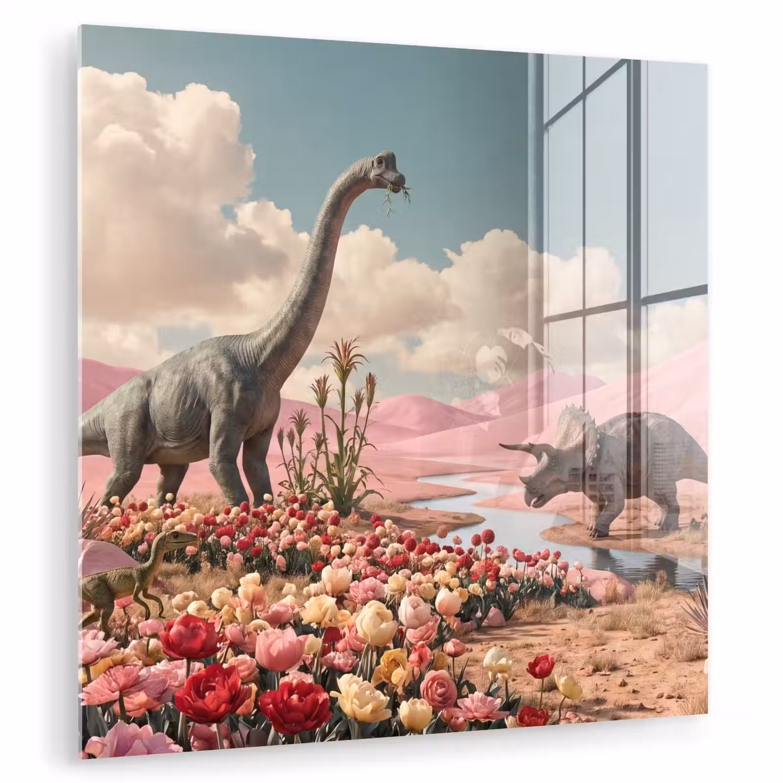 Glas schilderij - Dinosaurus - Roze - Landschap — 1