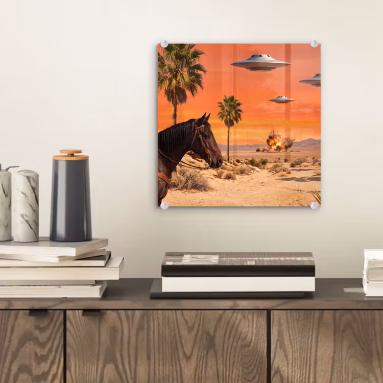 Glas schilderij - Cowboy - Paard - Woestijn — 2