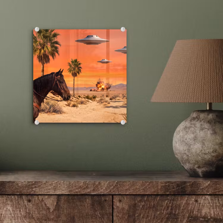 Glas schilderij - Cowboy - Paard - Woestijn — 4