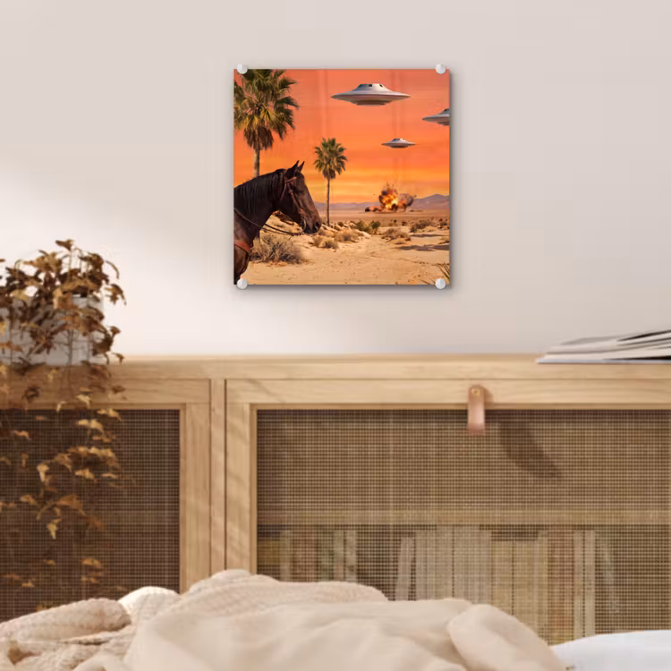 Glas schilderij - Cowboy - Paard - Woestijn — 5