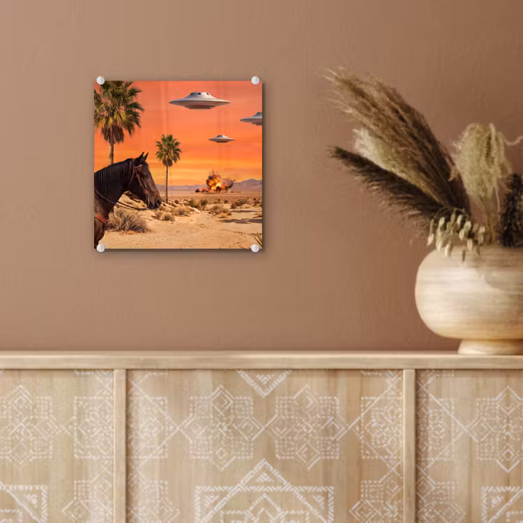 Glas schilderij - Cowboy - Paard - Woestijn — 6