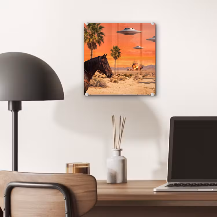 Glas schilderij - Cowboy - Paard - Woestijn — 7