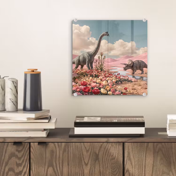 Glas schilderij - Dinosaurus - Roze - Landschap — 2