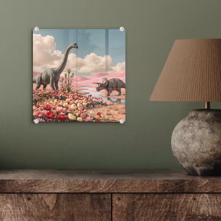 Glas schilderij - Dinosaurus - Roze - Landschap — 4
