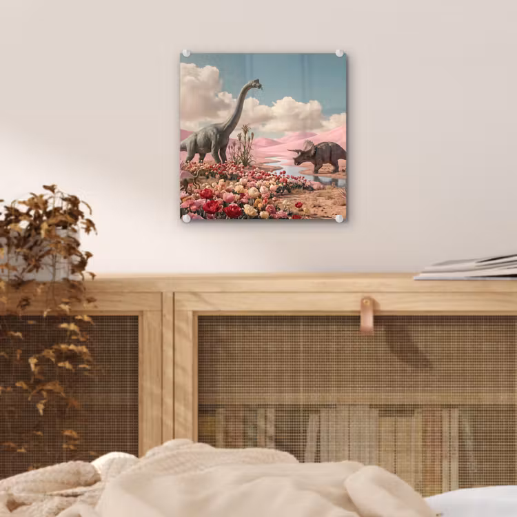 Glas schilderij - Dinosaurus - Roze - Landschap — 5