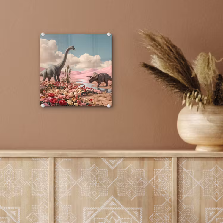 Glas schilderij - Dinosaurus - Roze - Landschap — 6