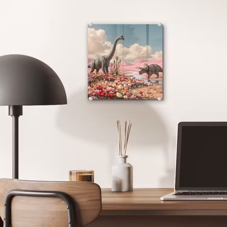 Glas schilderij - Dinosaurus - Roze - Landschap — 7
