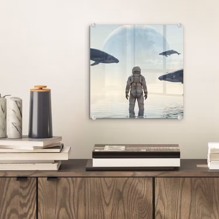 Glas schilderij - Ruimtevaarder - Walvis - Fantasie — 2