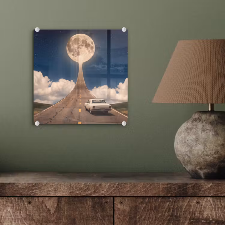 Glas schilderij - Weg - Maan - Nacht — 4