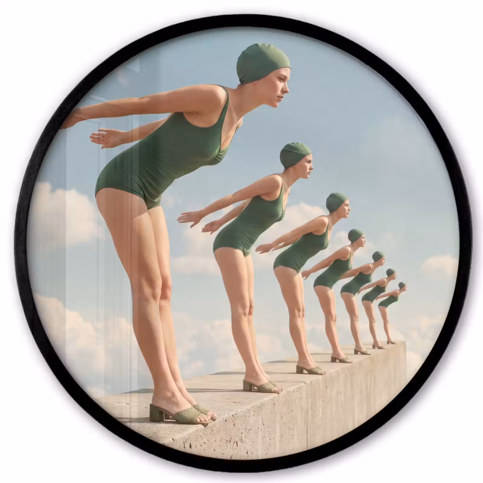 Ronde fotolijst - Vrouwen - Duikhouding - Wolken — 1