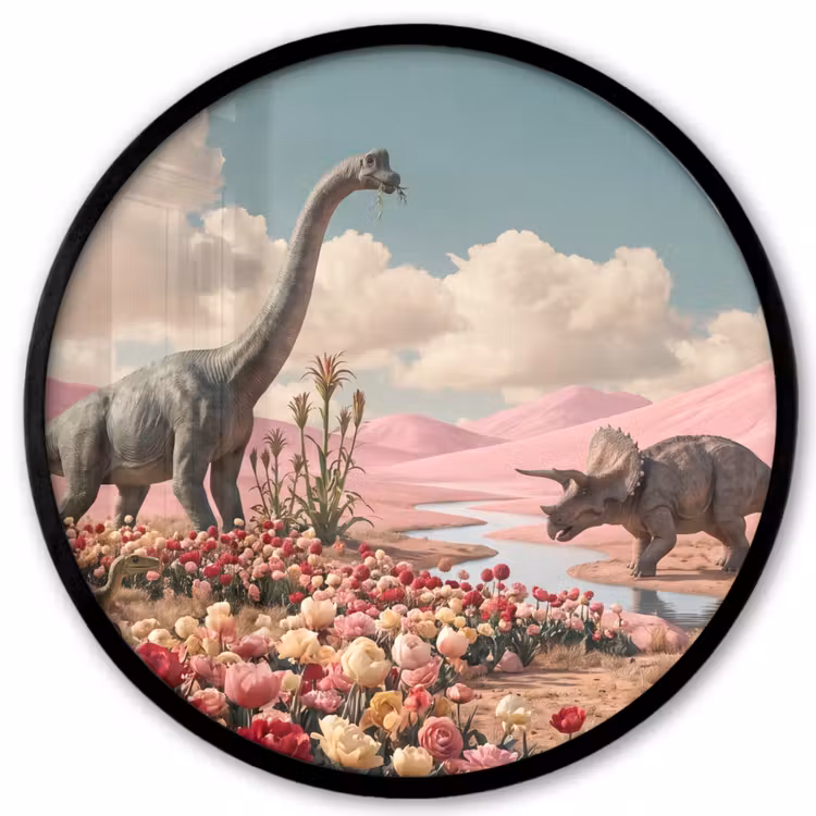 Ronde fotolijst - Dinosaurus - Roze - Landschap — 1
