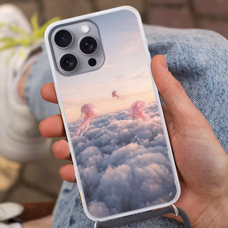 Telefoonhoesje met koord - Roze dier - Wolken — 2