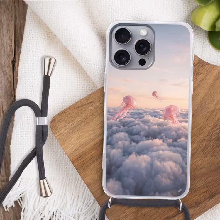 Telefoonhoesje met koord - Roze dier - Wolken — 3