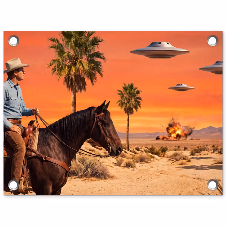 Tuinposter - Cowboy - Paard - Woestijn — 1