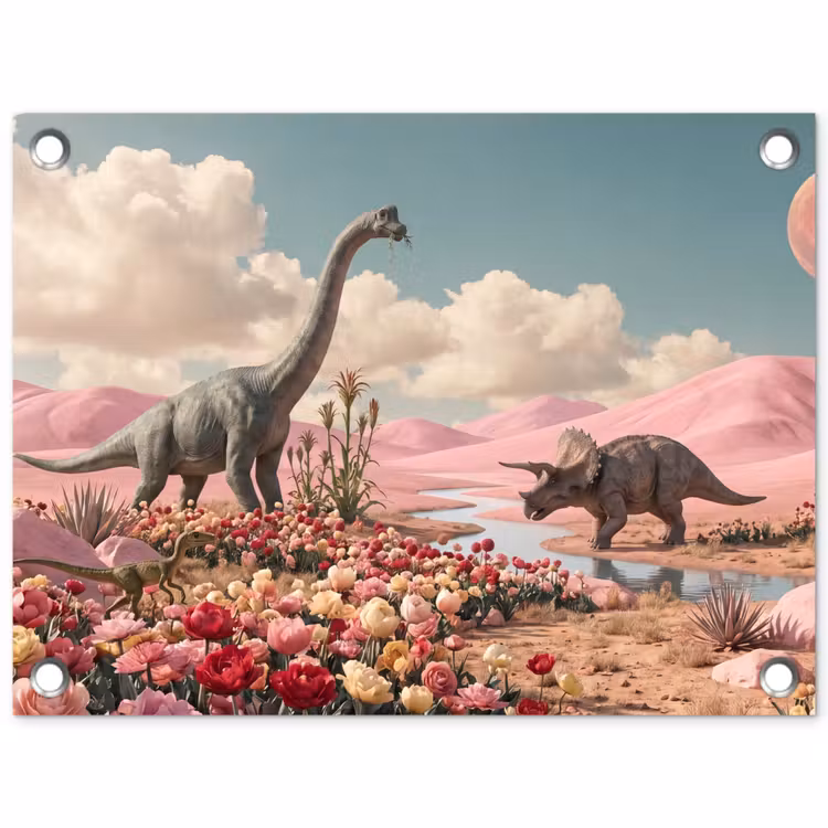 Tuinposter - Dinosaurus - Roze - Landschap — 1