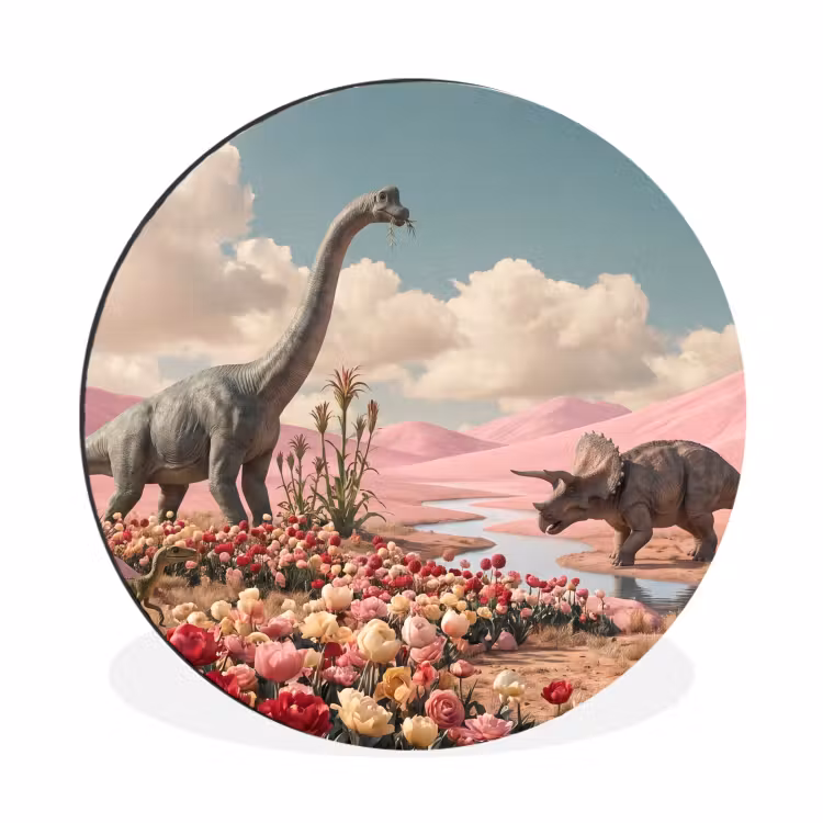 Wandcirkel - Aluminium - Dinosaurus - Roze - Landschap — 1