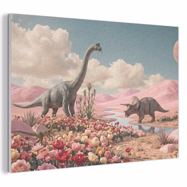 Akoestisch schilderij - Dinosaurus - Roze - Landschap — 1