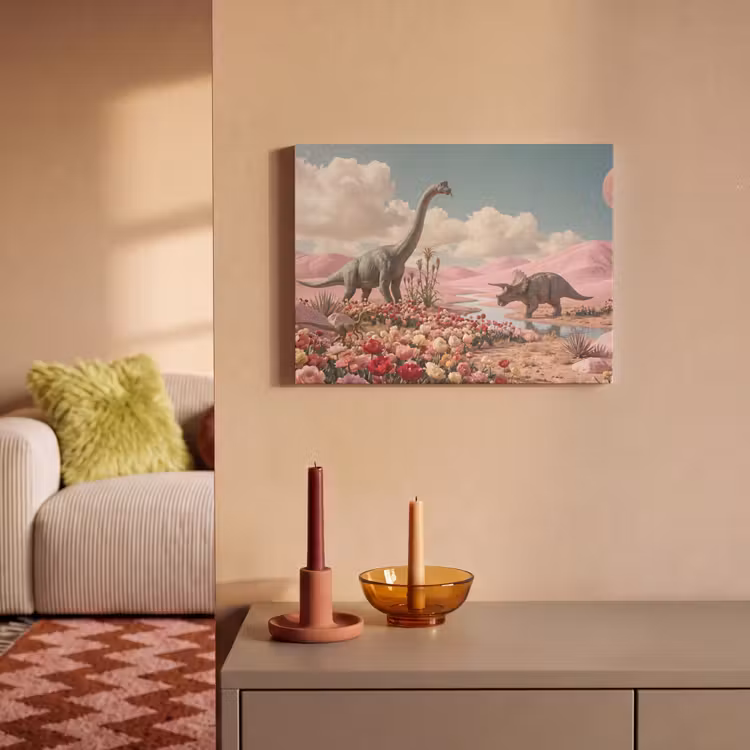 Akoestisch schilderij - Dinosaurus - Roze - Landschap — 2